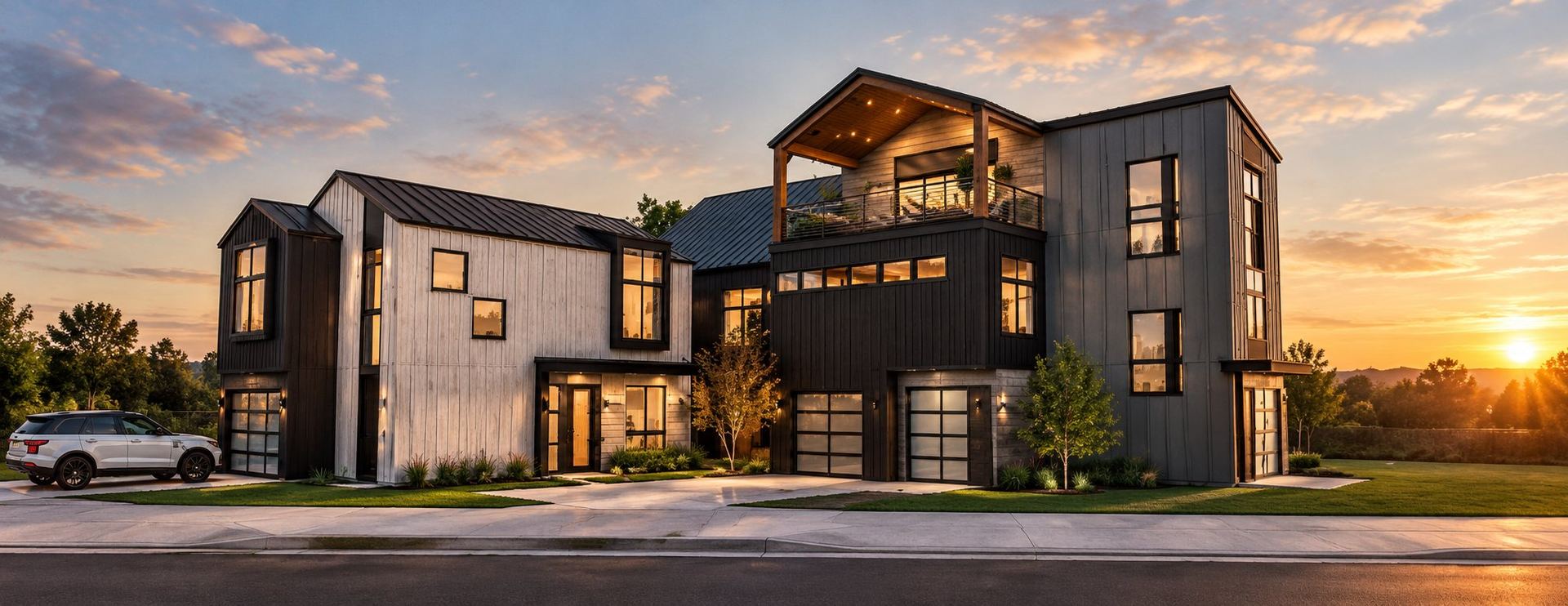 Multi-level gabled home with light siding, dark window bays and a central balcony