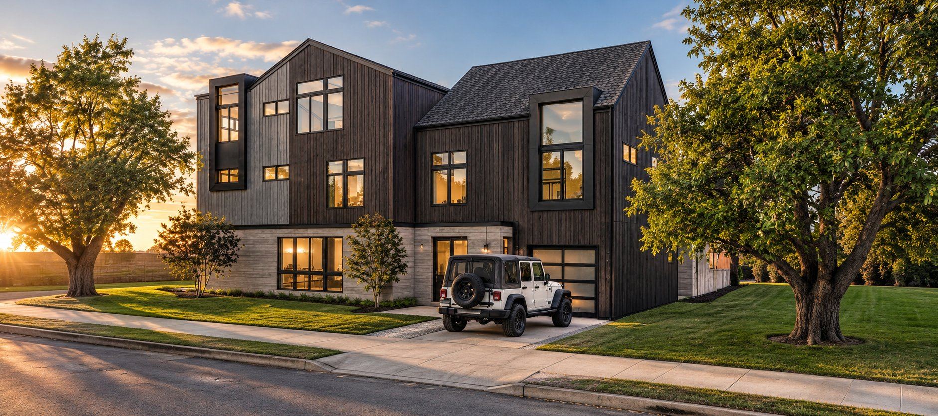 Multi-level gabled home with dark vertical siding, large windows and an attached garage