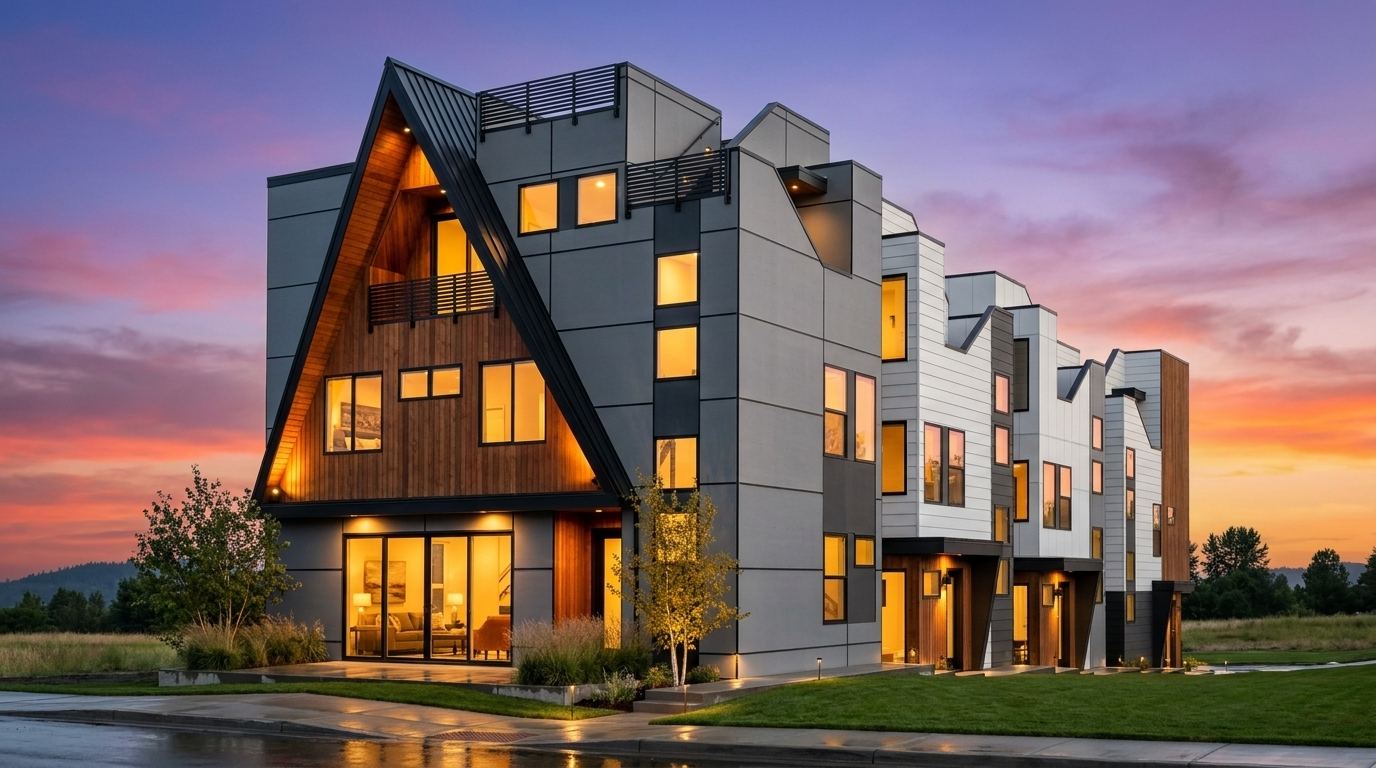 Contemporary townhouse row with steep gabled roofs, rooftop terraces and warm interior lighting