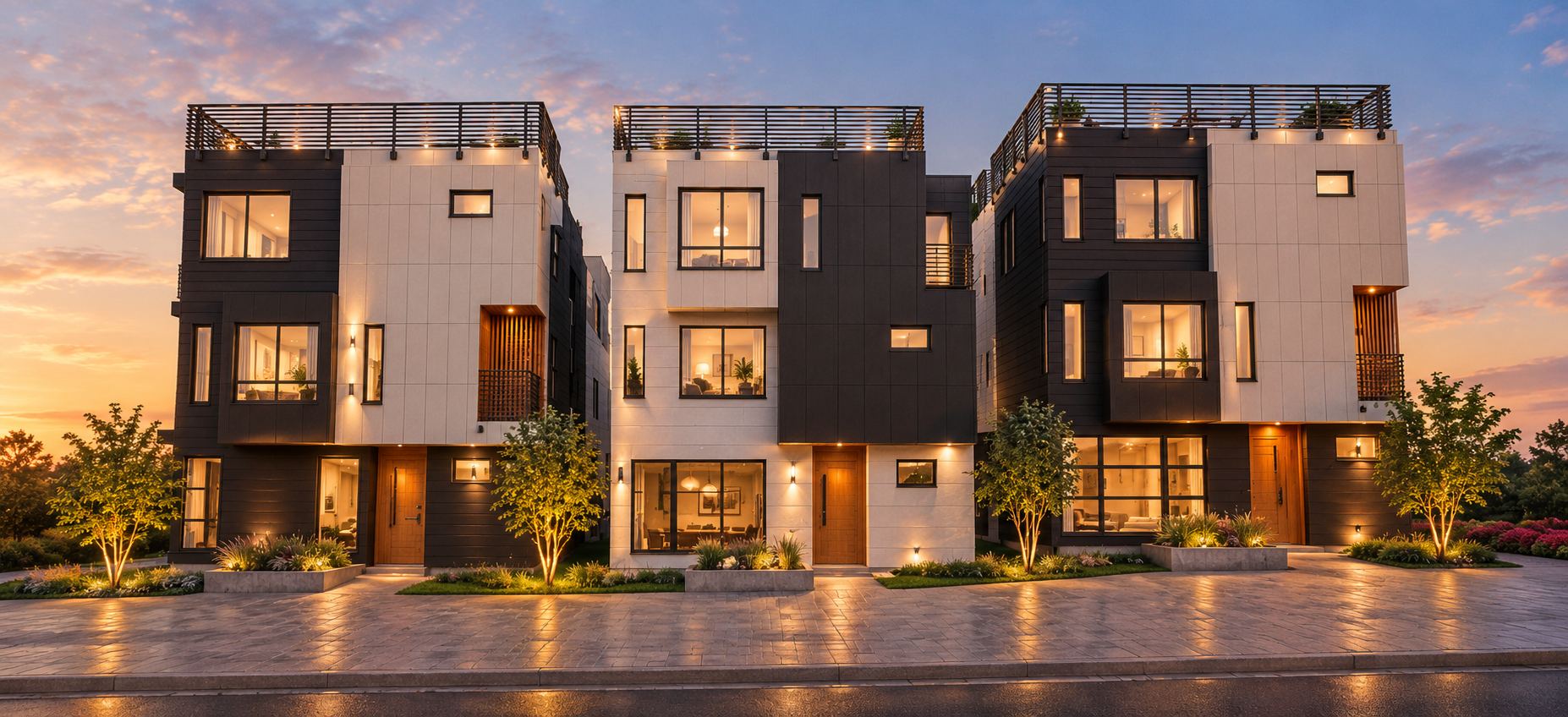Three contemporary flat-roof townhouses with dark-and-light cladding and rooftop terraces