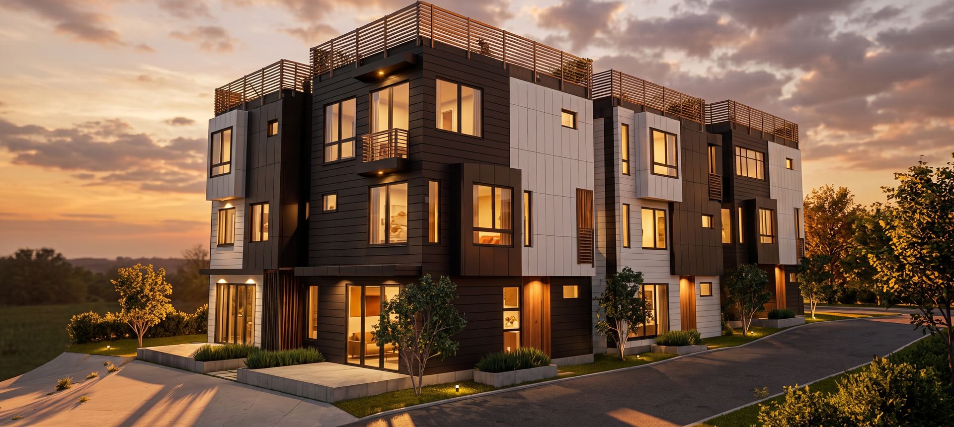 Contemporary three-story townhouses with dark-and-light cladding, rooftop terraces and warm interior lighting