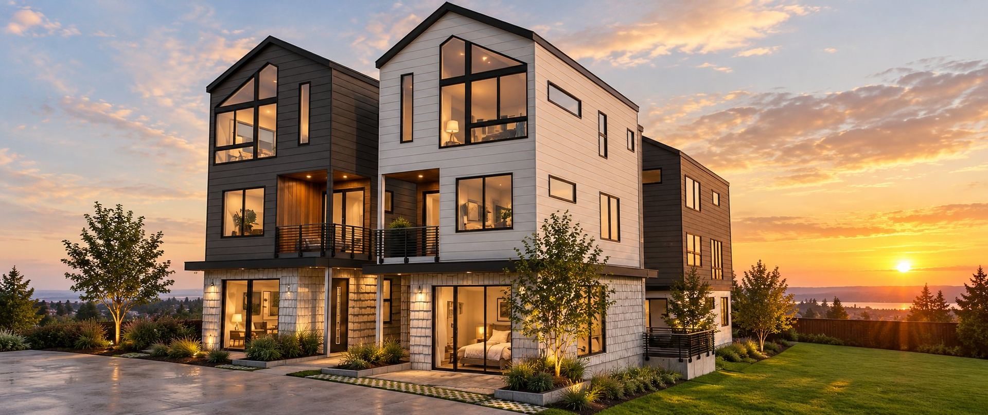 Multi-level townhouse building with gabled rooflines, balconies and an attached garage