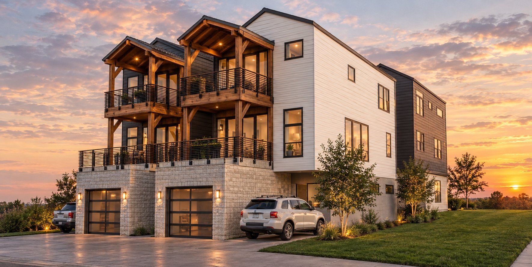 Multi-level townhouse building with timber balconies and street-facing garages
