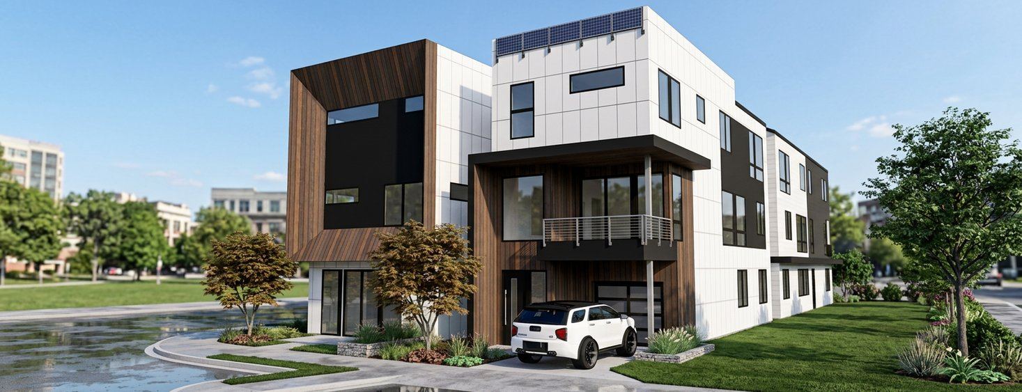 Three-story townhouse row with white masonry, dark cladding and recessed balconies