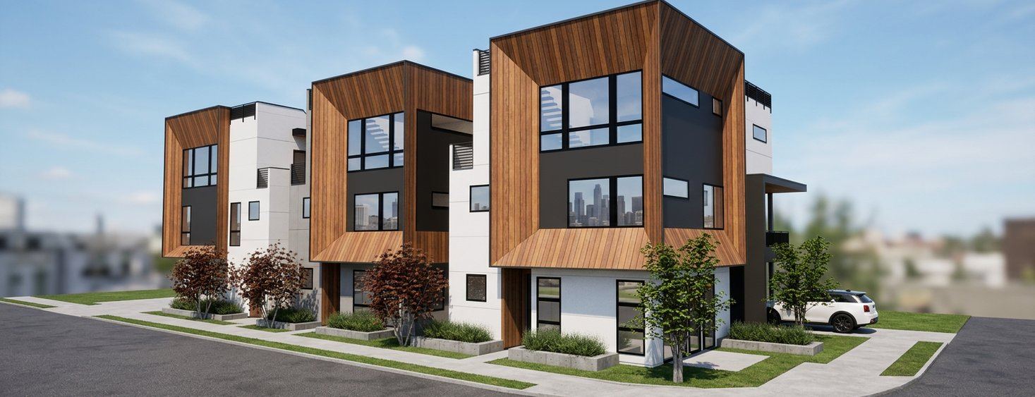 Two townhouse buildings with wood-toned cladding, white upper walls and corner balconies