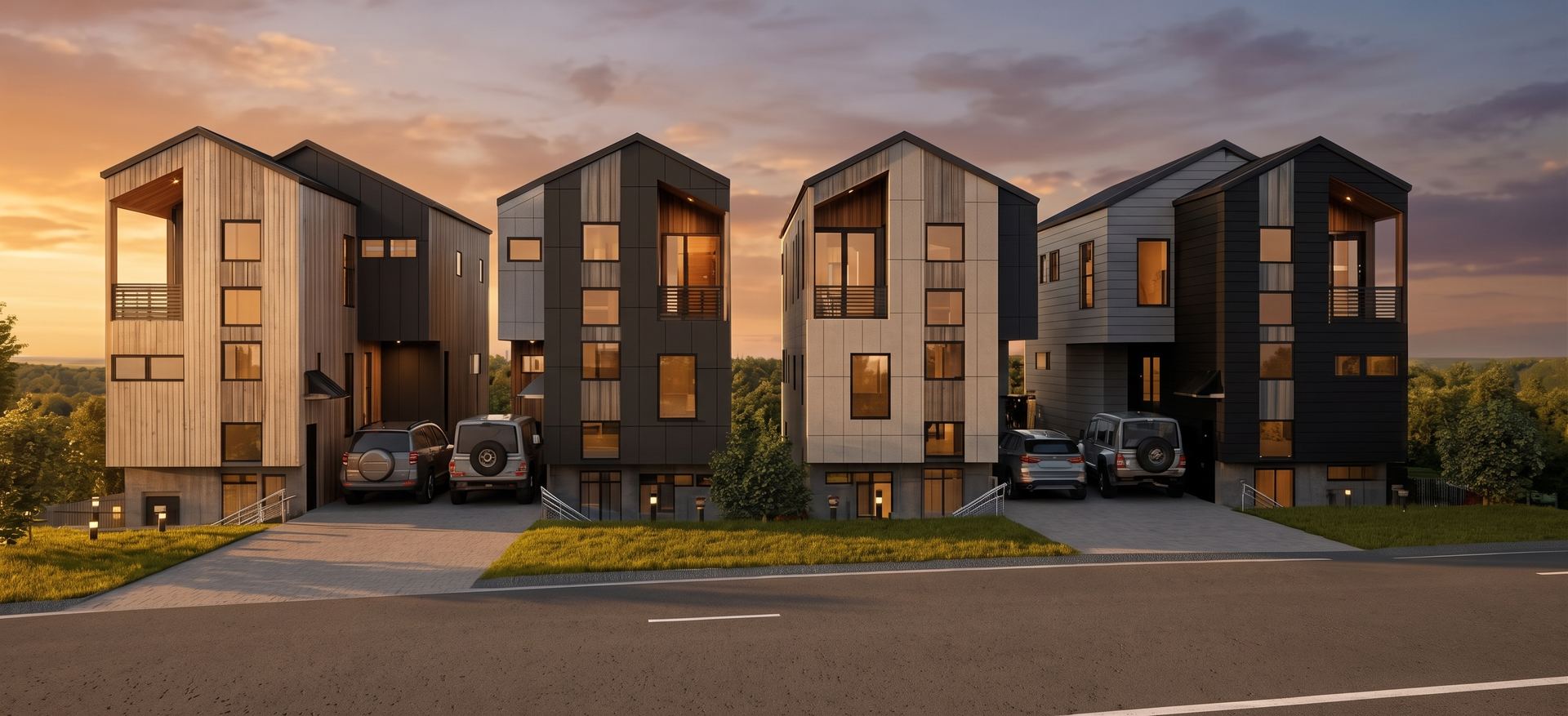 Four multi-level townhouses with gabled rooflines, dark-and-light cladding and street-level parking